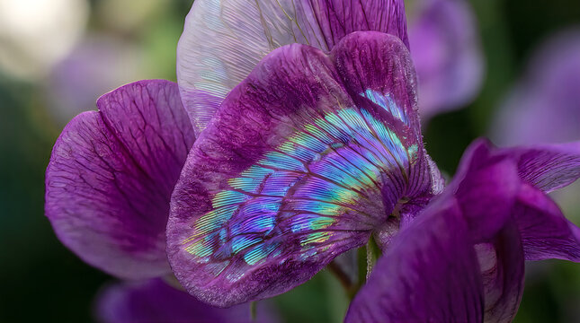 Purple Sweet Pea flower with iridescent petal texture close-up macro photography