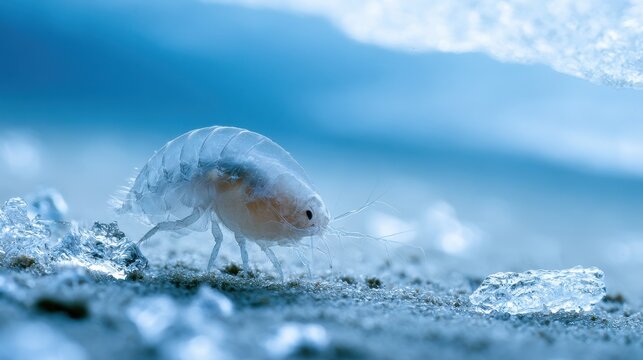 Underwater macro study of amphipod habitat near Arctic ice in Kara Sea
