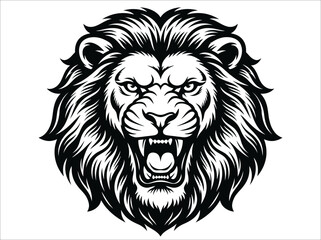 Obraz premium Fierce Roaring Lion Head Illustration in Black and White.