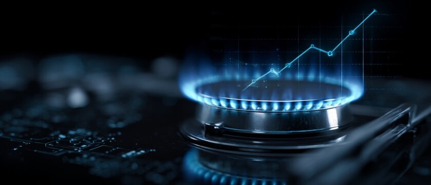 Flame of inflation: how the energy crisis fuels household costs. Human computer. Blue flame and financial patterns highlight global household cost increases. Technology progress.