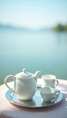 Fototapeta premium Ceramic tea set with silver tray on outdoor table by tranquil lake for relaxation