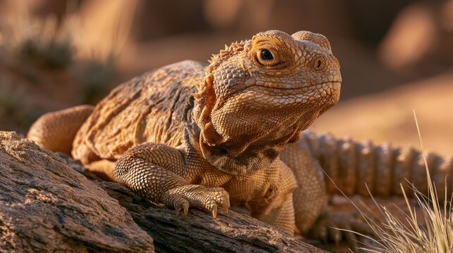Uromastyx acanthinura nigriventris: four-year-old desert lizard basking on sunlit rock