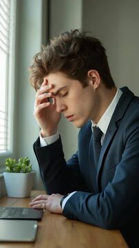 Close up portrait of tired sick young brunet man with strong migraine. He is wearing the formalwear, sitting at the workplace, holding his head, upset. professional burnout