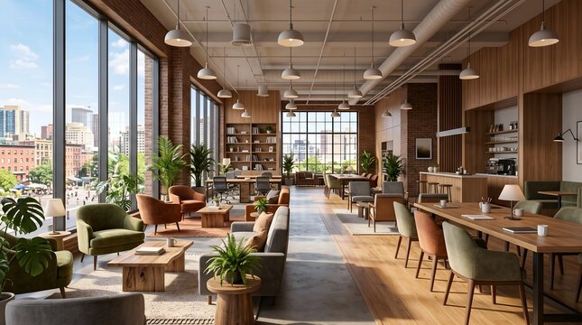 Modern open plan coworking office space with city view and furniture