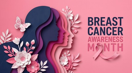 Breast cancer awareness month concept with paper cut style female silhouette and floral elements on pink background