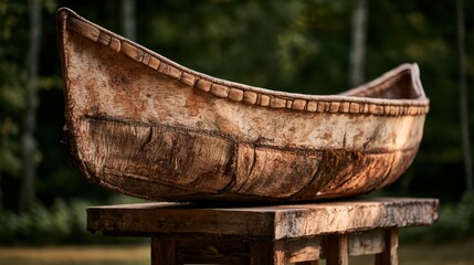 Fototapeta premium Vintage birch bark canoe elevated on a wooden platform in a quiet outdoor display