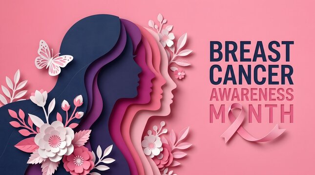 Breast cancer awareness month concept with paper cut style female silhouette and floral elements on pink background