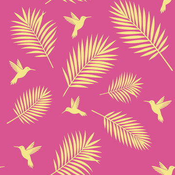 Exotic hummingbird and palm leaves seamless pattern