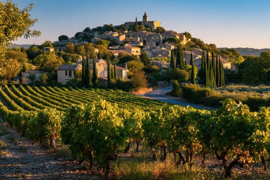 Vineyards in southern Rh&Atilde;&acute;ne with a historic hill village on the horizon