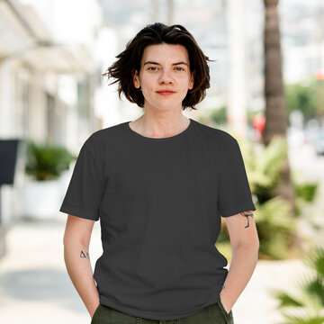 Casual urban style outdoors photo, blank shirt suitable as mockup