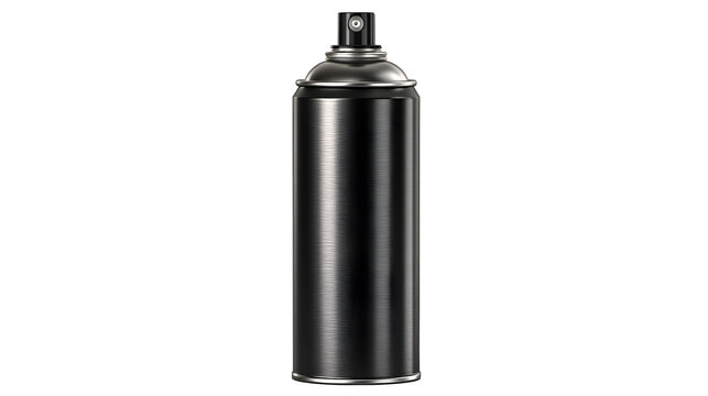Black aluminum hair spray aerosol can on white background with silver nozzle plain tall black cylindrical hairspray packaging cosmetics with container