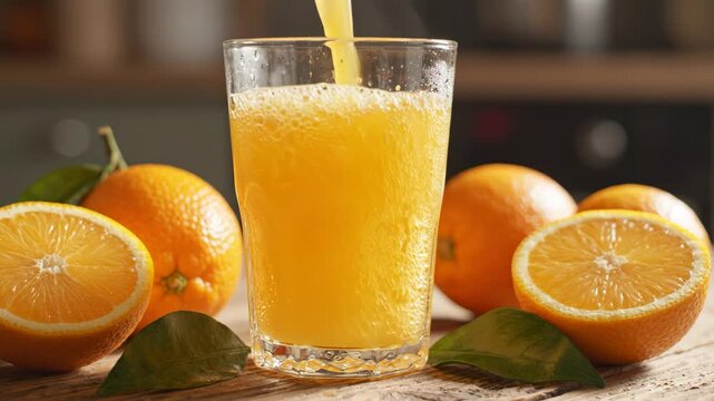 Fresh orange juice being poured into a glass surrounded by whole and halved oranges on a rustic wooden table