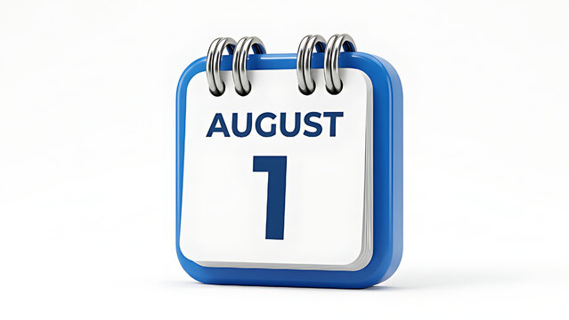 Blue calendar icon showing August 1st isolated on white background as a 3D rendering