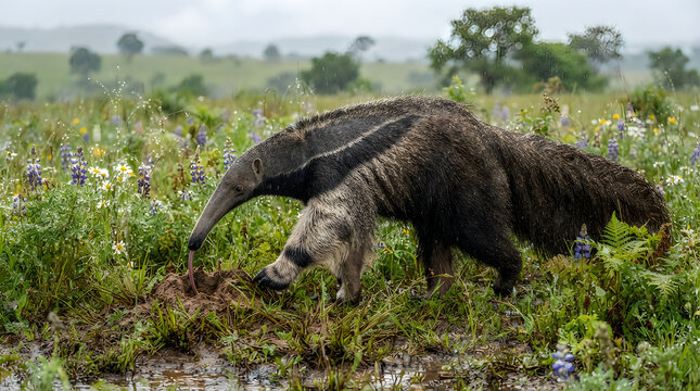Giant Anteater walking through flowering meadow in Brazilian Cerrado savanna