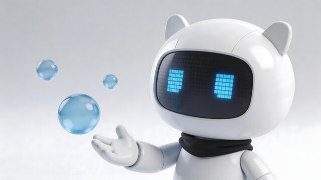White robot with cat ears and glowing blue eyes interacts with floating blue bubbles against light background