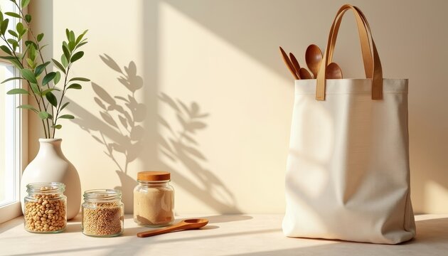 Eco-friendly Kitchen Essentials with Organic Jars and Sunlight Shadows