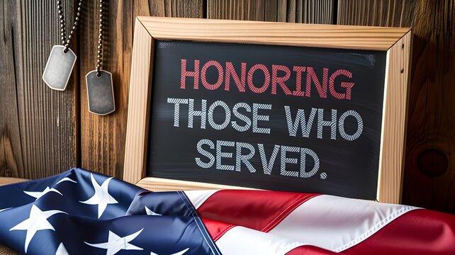 Honoring those who served chalkboard sign with military dog tags and american flag on rustic wooden background memorial day or veterans day concept