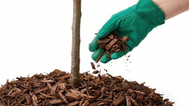 Hand applying mulch around young tree trunk in garden  