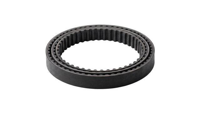Industrial black rubber timing belt, heavy duty engine drive belt for automotive repair, mechanical synchronous transmission belt for machinery isolated PNG with Transparent Background