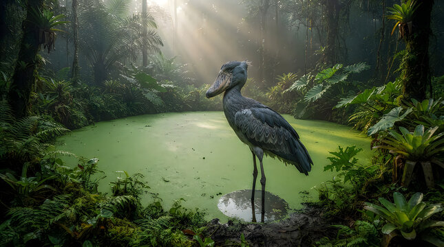 Shoebill Stork standing by green swamp pond in misty tropical rainforest with sun rays
