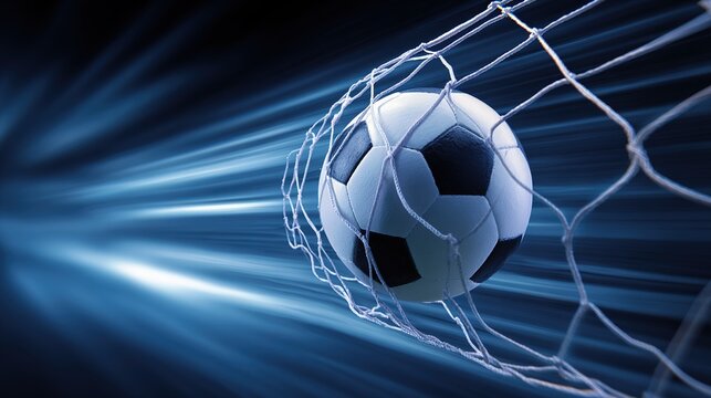 soccer. Soccer ball hitting the net with dynamic motion, illustrating speed and sports intensity. event key visuals, club posters, designed for sports event promotions and stadium branding.