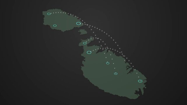 Malta Map with Location-to-Location Signal Connection Animation, GPS Navigation and Digital Network