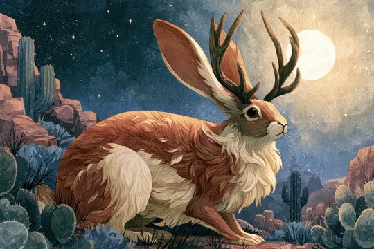 Whimsical jackalope in a moonlit desert landscape illustration