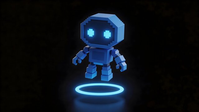 Blue pixel-art robot with glowing eyes and halo hovering above a neon ring on dark background