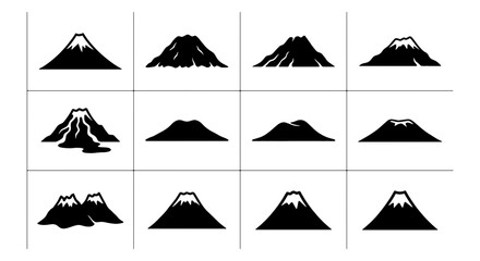 Volcano Icons Set, Mountain Silhouettes Collection, Diverse Summit Styles, Vector Graphics for Nature and Adventure Themes © Arif