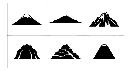 Diverse Mountain Silhouettes Collection, Six Distinct Peak Icons, Vector Graphics for Nature and Adventure Themes © Arif