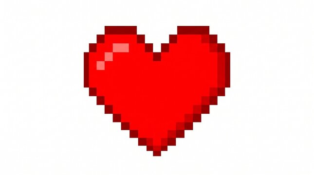 Bright red pixel heart icon, isolated on pure white background, retro gaming style, vibrant colors, clean pixel edges