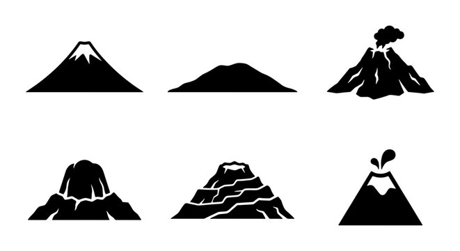 Volcano Icons Set, Mountain Silhouettes Collection, Geological Formations Vector Graphics, Earth Science Symbols