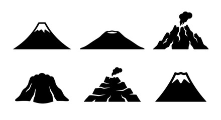 Volcano Icons Set, Diverse Mountain Silhouettes, Active Erupting and Dormant Peaks, Vector Graphics for Geology and Nature Themes © Arif
