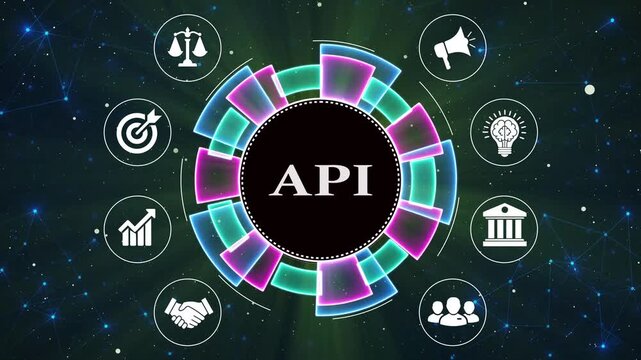 Application programming interface shown with business icons over abstract digital background.