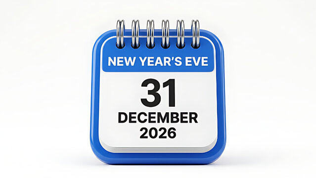 3D Render of a Blue Calendar Page Marking December 31 2026 for New Year's Eve Celebration