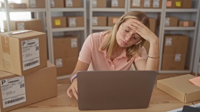 Woman facepalm touching forehead over laptop amid stacked shipping boxes and metal shelving while packing orders in a packing building; stress small business.