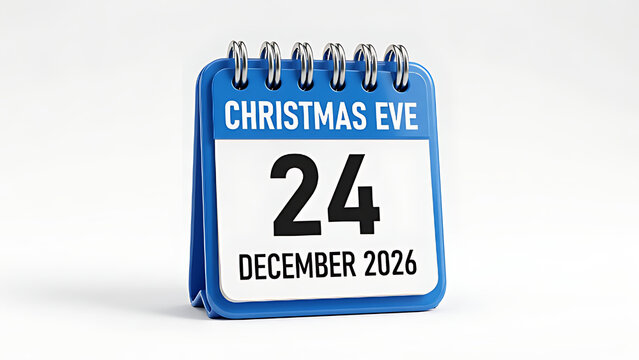 3D Render of a Blue Spiral Desk Calendar Marking Christmas Eve on December 24th 2026