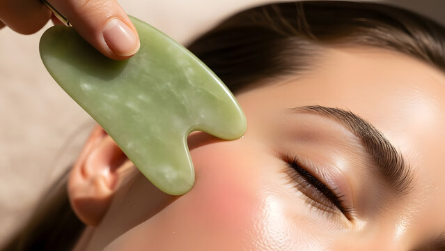 Woman receiving facial massage with jade gua sha stone, close-up on cheek and eye