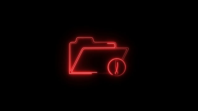 Neon red folder icon with an exclamation mark symbol representing a computer file error or system warning isolated on a transparent background