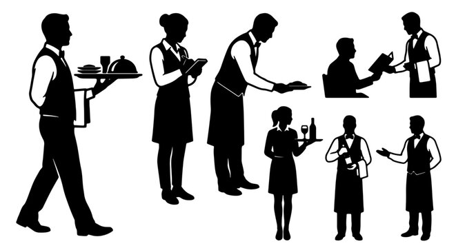 Restaurant Staff Silhouettes: Waiters, Waitresses, and Servers in Action, Vector Icons for Hospitality and Service Industries