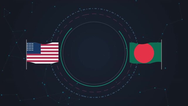 United States and Bangladesh flags waving in digital motion animation for international diplomacy broadcast news clip
