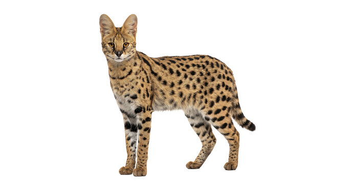Elegant serval cat with distinctive spotted coat stands alertly against a clean white background