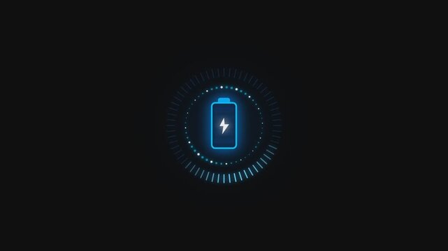 Digital battery charging animation showing energy levels rising with glowing neon lights in motion graphic footage