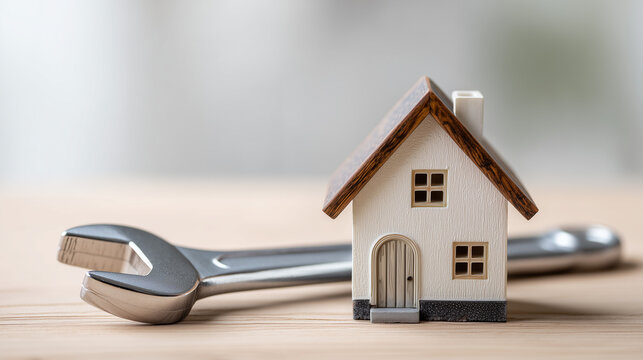 Miniature house with wrench symbolizing home repair, maintenance and renovation services. Ideal concept for construction, property maintenance, plumbing, handyman and real estate industries.