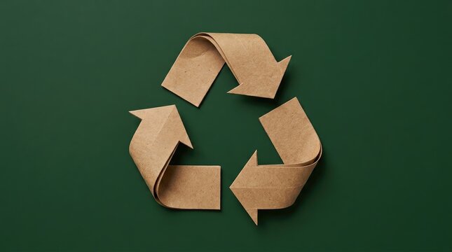 Recycle symbol made of eco-friendly cardboard on dark green background