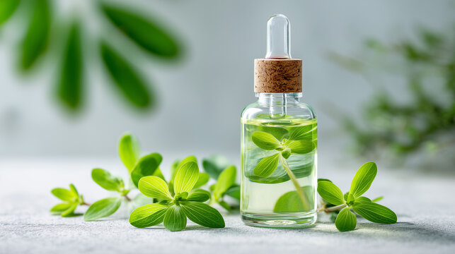 Natural herbal essential oil in a glass dropper bottle surrounded by fresh green leaves. Organic skincare, aromatherapy, botanical wellness and clean beauty concept with copy space.