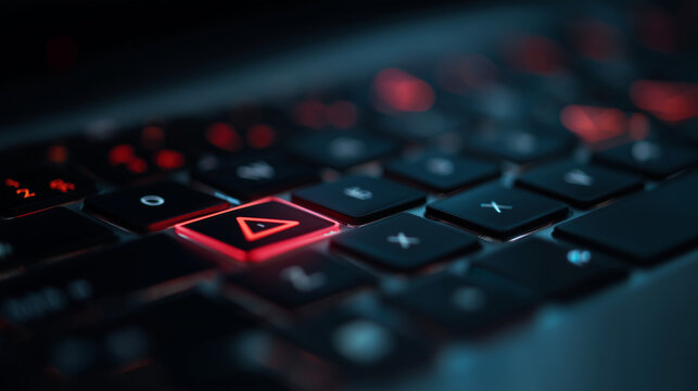 Glowing warning key on a computer keyboard symbolizing cybersecurity threats, malware detection, cyber risk, online security and digital protection technology with dramatic lighting.