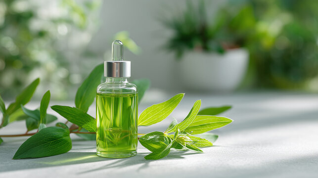 Minimalist bottle of natural botanical serum with fresh green leaves. Organic skincare, cosmetic product, plant extract, clean beauty and wellness branding concept with copy space.