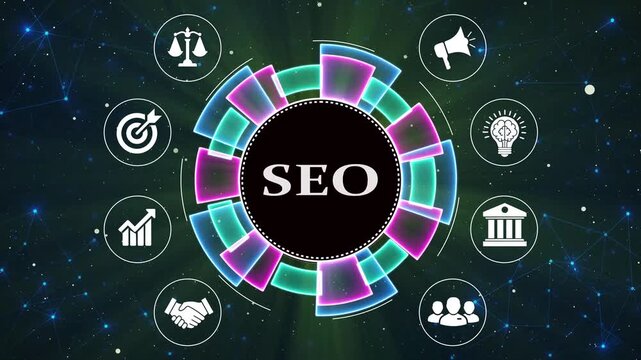 Search engine optimization circular infographic motion graphic digital background.