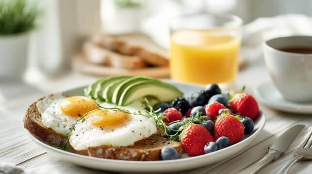Healthy breakfast with fried eggs, avocado, fresh berries, whole grain toast, tea, and juice. Balanced nutrition and healthy lifestyle concept for diet and wellness.